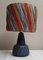 Vintage Table Lamp with Blue Patterned Ceramic Foot and Fabric Covered with Colored Raffia, 1970s 1