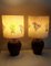Lámparas de mesita de noche alemanas vintage con pie en forma de botella en marrón -de cerámica punteada con amarillo -Pantalla de tela marrón con motivos florales, años 60. Juego de 2, Imagen 5