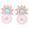 14 Karat Rose Earrings with Pink Pearls, Turquoise and Diamonds, 1970s, Set of 2, Image 1