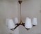 Mid-Century German 6-Flame German Chandelier with Brass and Teak and White Glass Screens, 1960s 2