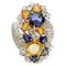 14 Karat Weißgold Blumenring mit Diamanten, Gelben & Blauen Saphiren 1