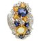 14 Karat White Gold Flower Ring with Diamonds, Yellow & Blue Sapphires, Image 1