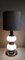 Deutsche Vintage Tischlampe mit verchromtem Metallgestell mit eingearbeiteten undurchsichtigen innenbeleuchteten Glaselementen und gemustertem Stoffschirm im Stil von Sölken Lights, 1970er 4
