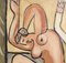 Artista de la escuela de Berlín según Picasso, desnudo de rodillas y figura misteriosa, años 60-70, óleo a bordo, enmarcado, Imagen 5