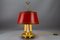 Französische Bouillotte Schreibtischlampe aus Messing & Rotem Tole Schirm, 1950er 4