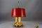 Französische Bouillotte Schreibtischlampe aus Messing & Rotem Tole Schirm, 1950er 2