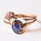 Antique 14k Yellow Gold Triple Ring with Imitation Ruby ​, Mine Cut Diamond and Sapphire, 1920s 16
