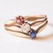 Antique 14k Yellow Gold Triple Ring with Imitation Ruby ​, Mine Cut Diamond and Sapphire, 1920s 1