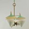 Green Three Arm Chandelier in Metal, Opaline Glass Cones and Brass fromArlus, 1950s 13