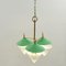 Green Three Arm Chandelier in Metal, Opaline Glass Cones and Brass fromArlus, 1950s 5