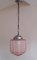 Lampada da soffitto Art Déco vintage con metallo argentato e paralume in vetro rosa, anni '30, Immagine 1