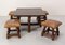 Spanish Alder Coffee Table with Alder and Leather Stools, 1960s, Set of 5 9