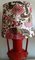 Lámpara de mesa alemana vintage con pie de cerámica en rojo y marrón iluminado en el interior, asa doble y pantalla de tela estampada adecuada, años 70, Imagen 4