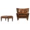 Lounge Chair and Stool in Rosewood and Brown Leather attributed to Illum Wikkelsø, 1960s, Set of 2 1