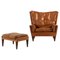 Set of Lounge Chair and Stool in Rosewood and Brown Leather attributed to Illum Wikkelsø, 1960s 1