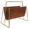 Large Magazine Rack in Brass & Brown Leather attributed to Carl Auböck, Austria, 1950s 1