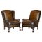 Antique Claw & Ball Hand Dyed Brown Leather Wingback Armchairs, 1880, Set of 2 1