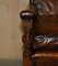 Butaca eduardiana tallada con asiento de cuero marrón teñido a mano, años 10, Imagen 7