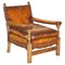Edwardian Carved Armchair with Hand Dyed Brown Leather Seat, 1910s 1