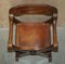 Vintage English Jacobean SHand Carved Stool Brown Leather & Oak 13