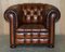 Chesterfield Club Armchairs & Footstool Hand Dyed Brown Leather, 1930s, Set of 4 4