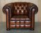Chesterfield Club Armchairs & Footstool Hand Dyed Brown Leather, 1930s, Set of 4, Image 4