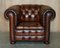 Chesterfield Club Armchairs & Footstool Hand Dyed Brown Leather, 1930s, Set of 4 15