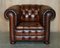 Chesterfield Club Armchairs & Footstool Hand Dyed Brown Leather, 1930s, Set of 4, Image 15
