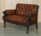 Lion Hand Carved Brown Leather Chesterfield Sofa Armchair Suite, 1880s, Set of 4 3