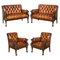 Lion Hand Carved Brown Leather Chesterfield Sofa Armchair Suite, 1880s, Set of 4, Image 1