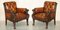 Lion Hand Carved Brown Leather Chesterfield Sofa Armchair Suite, 1880s, Set of 4 13