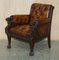 Lion Hand Carved Brown Leather Chesterfield Sofa Armchair Suite, 1880s, Set of 4 14