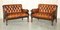 Lion Hand Carved Brown Leather Chesterfield Sofa Armchair Suite, 1880s, Set of 4 2