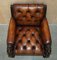 Lion Hand Carved Brown Leather Chesterfield Sofa Armchair Suite, 1880s, Set of 4 18