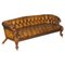 Antique Victorian Carved Walnut & Brown Leather Chesterfield Sofa 1