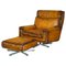 Whisky Brown Leather Swivel Armchair & Ottoman, 1970s, Set of 2 1