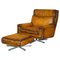 Whisky Brown Leather Swivel Armchair & Ottoman, 1970s, Set of 2, Image 1