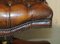 Antique Cigar Brown Leather Chesterfield Captain Armchair with Brass Castors 11