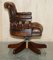 Antique Cigar Brown Leather Chesterfield Captain Armchair with Brass Castors 18