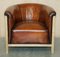 Fully Stitched Brown Leather Limed Oak Tub Club Armchairs, Set of 2 15