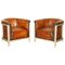 Fully Stitched Brown Leather Limed Oak Tub Club Armchairs, Set of 2, Image 1