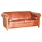 Vintage Art Nouveau Chestnut Brown Leather Club Sofa with Carved Wood Frame 1