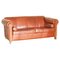 Vintage Art Nouveau Chestnut Brown Leather Club Sofa with Carved Wood Frame, Image 1