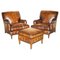 Bridgewater Brown Leather Armchairs & Footstool from Howard & Sons, 1880s, Set of 3 1