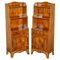 Vintage English Flamed Hardwood Waterfall Bookcases with Cupboard Bases, Set of 2 1