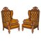 Large Antique Victorian Lion Carved Chesterfield Brown Leather Armchairs, 1870, Set of 2 1