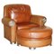 Thomasville Safari Leather Woven Armchair & Footstool Ottoman Brown Leather, Set of 2 1