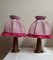 Bedside Lamps with Turned Walnut Bases and Pink Fabric Shades, 1900s, Set of 2 1