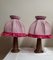 Lampade da comodino con base in noce tornita e paralumi in tessuto rosa, inizio XX secolo, set di 2, Immagine 1