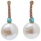 14 Karat Rose Gold Tennis Earrings with White Pearls and Diamonds, Set of 2, Image 1